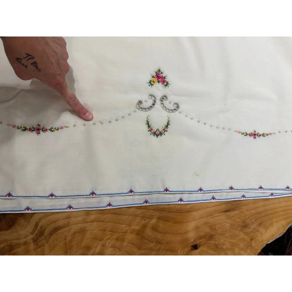 Vintage Hand Embroidered Cross Stitch Tablecloth Cotton Floral Crochet lace BB14
